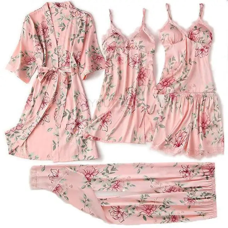 Pajama Set Women Lace Trim Satin Sleepwear Pyjamas Pour Femme Summer Nightwear with Pants Casual Home Wear Kimono Robe Gown PJS