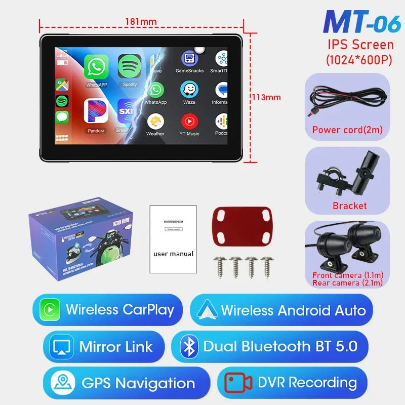 7" Portable Motorcycle DVR Wireless Carplay Android Auto IPS Touch Screen GPS Navigation Dual Bluetooth Waterproof Night Vision