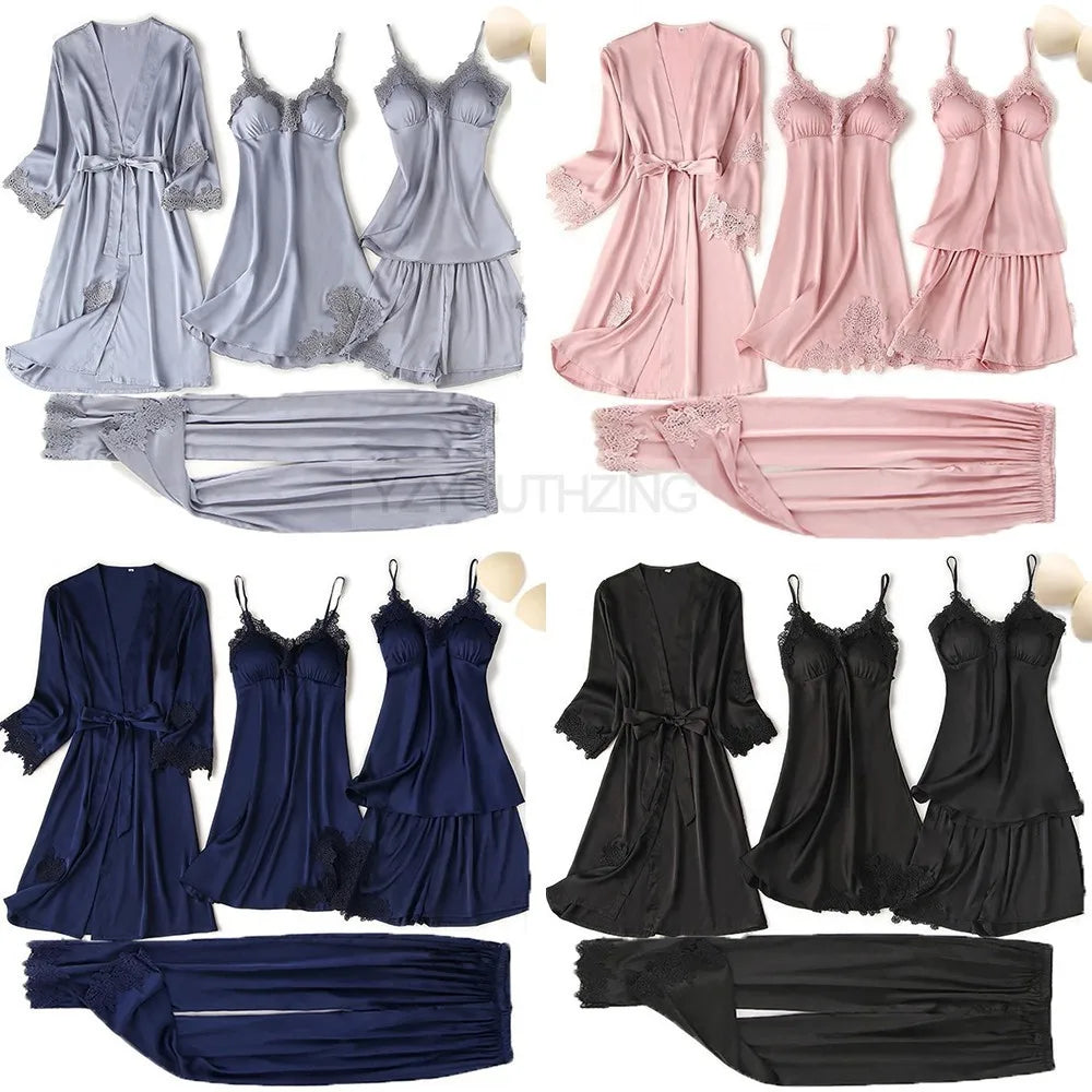 Pajama Set Women Lace Trim Satin Sleepwear Pyjamas Pour Femme Summer Nightwear with Pants Casual Home Wear Kimono Robe Gown PJS