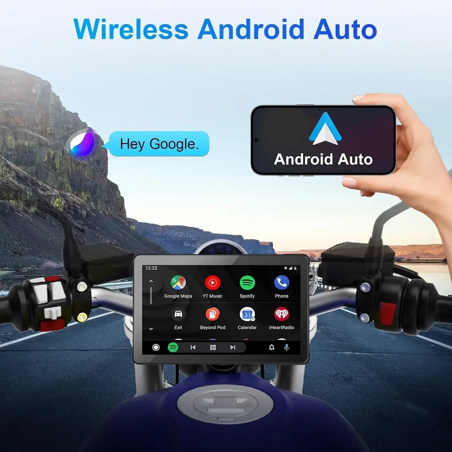 7" Portable Motorcycle DVR Wireless Carplay Android Auto IPS Touch Screen GPS Navigation Dual Bluetooth Waterproof Night Vision