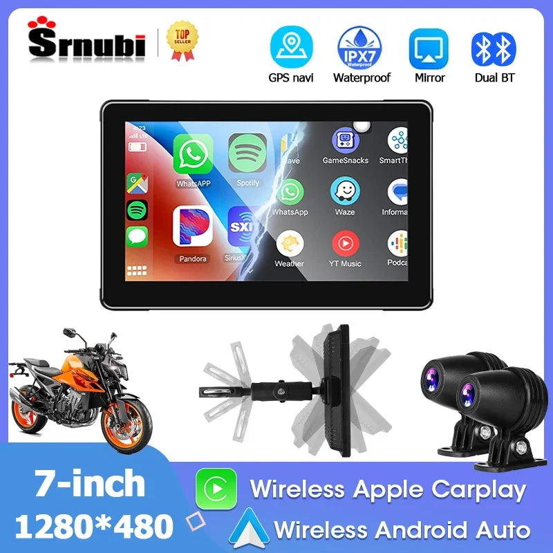 7" Portable Motorcycle DVR Wireless Carplay Android Auto IPS Touch Screen GPS Navigation Dual Bluetooth Waterproof Night Vision