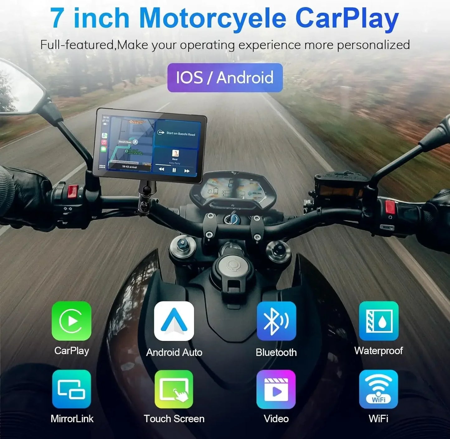 7" Portable Motorcycle DVR Wireless Carplay Android Auto IPS Touch Screen GPS Navigation Dual Bluetooth Waterproof Night Vision