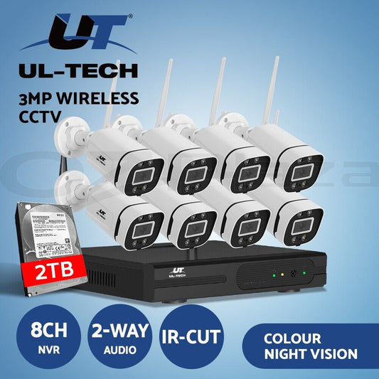 Ul-Tech Wireless CCTV 3MP IP Security Camera System Home Outdoor Wifi 8CH 2TB