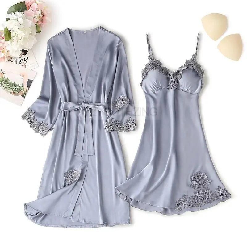 Pajama Set Women Lace Trim Satin Sleepwear Pyjamas Pour Femme Summer Nightwear with Pants Casual Home Wear Kimono Robe Gown PJS