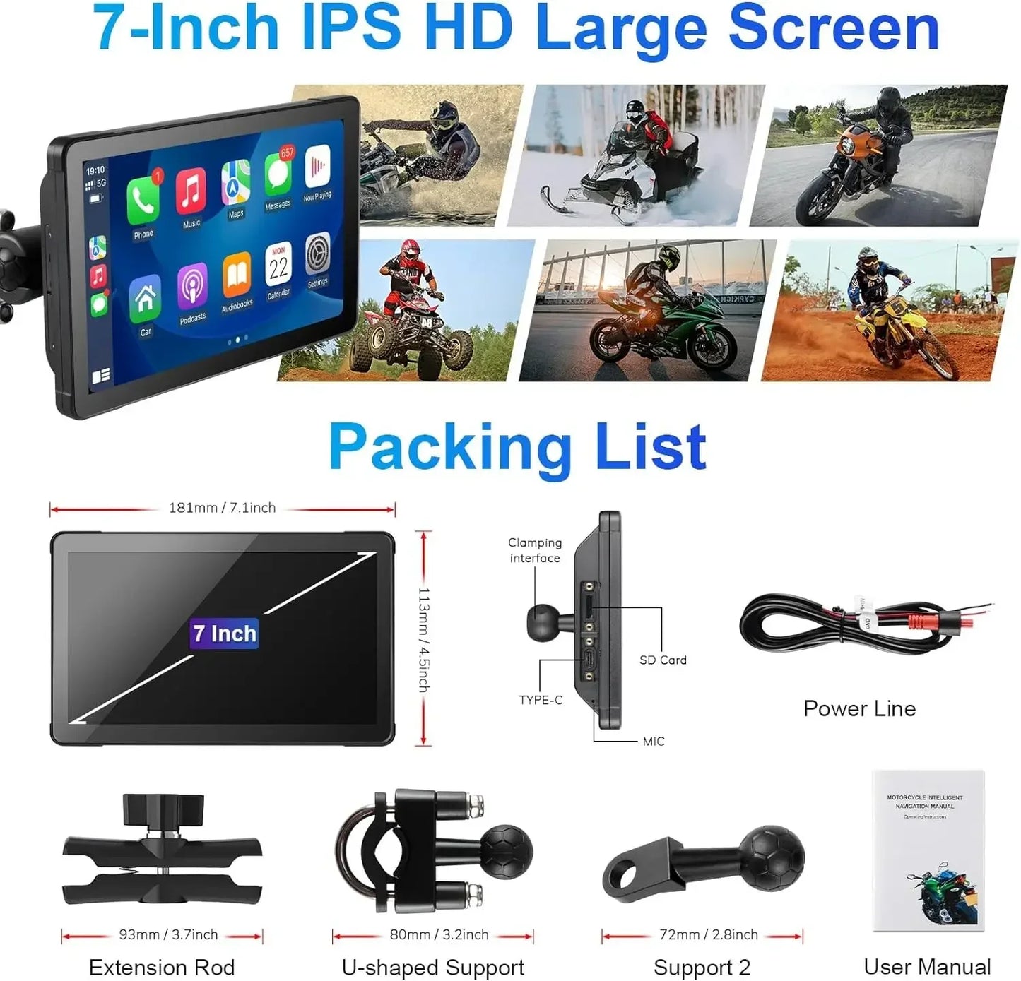 7" Portable Motorcycle DVR Wireless Carplay Android Auto IPS Touch Screen GPS Navigation Dual Bluetooth Waterproof Night Vision