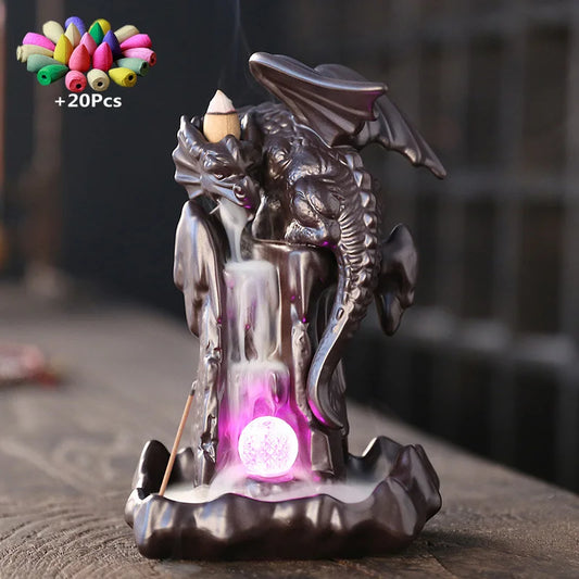 +20Cones LED Dragon Burner Ceramic Smoke Backflow Incense Burner Holder Aromatherapy Furnace Smell Aromatic Home Decor Censer