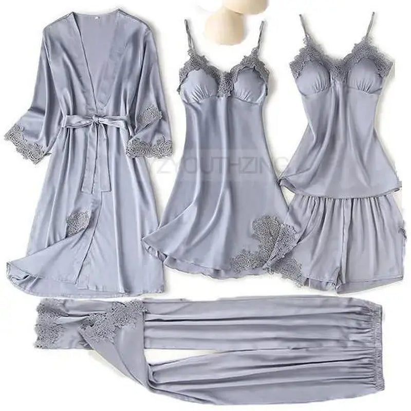 Pajama Set Women Lace Trim Satin Sleepwear Pyjamas Pour Femme Summer Nightwear with Pants Casual Home Wear Kimono Robe Gown PJS