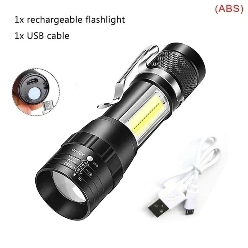 High Strong Power Led Flashlights Tactical Emergency Spotlights Telescopic Zoom Built-In Battery USB Rechargeable Camping Torch