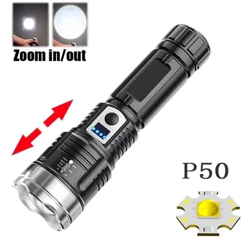 High Strong Power Led Flashlights Tactical Emergency Spotlights Telescopic Zoom Built-In Battery USB Rechargeable Camping Torch