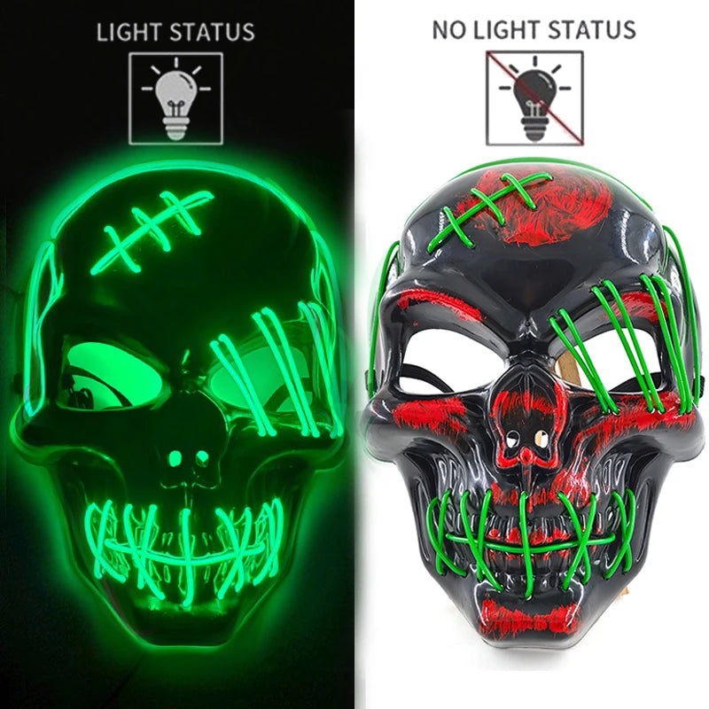 Halloween Skull Skeleton Head Headwear Horror Party Mask Light up in the Dark Night Disguise Glowing Purge Mask for Halloween