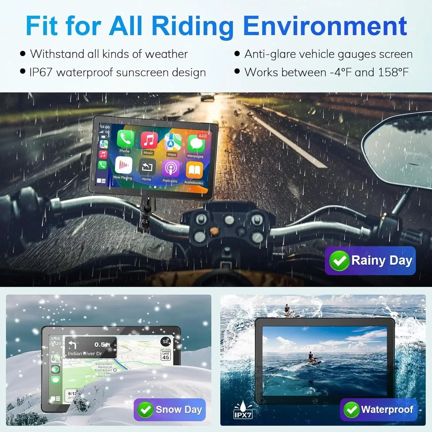 7" Portable Motorcycle DVR Wireless Carplay Android Auto IPS Touch Screen GPS Navigation Dual Bluetooth Waterproof Night Vision