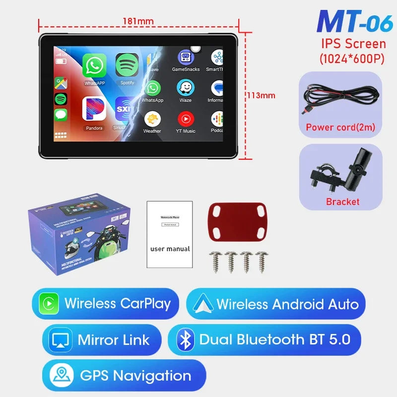 7" Portable Motorcycle DVR Wireless Carplay Android Auto IPS Touch Screen GPS Navigation Dual Bluetooth Waterproof Night Vision