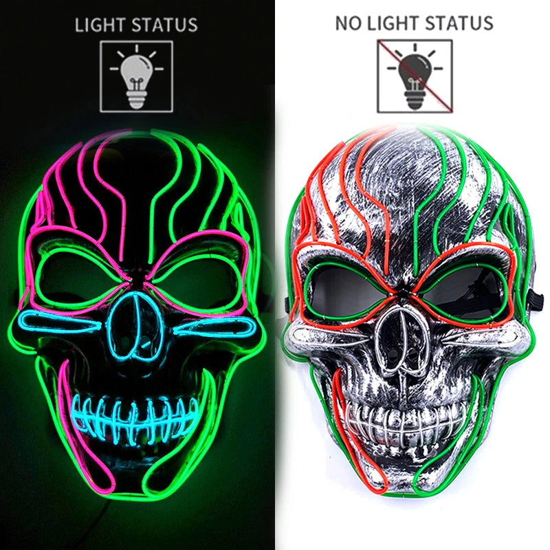 Halloween Skull Skeleton Head Headwear Horror Party Mask Light up in the Dark Night Disguise Glowing Purge Mask for Halloween