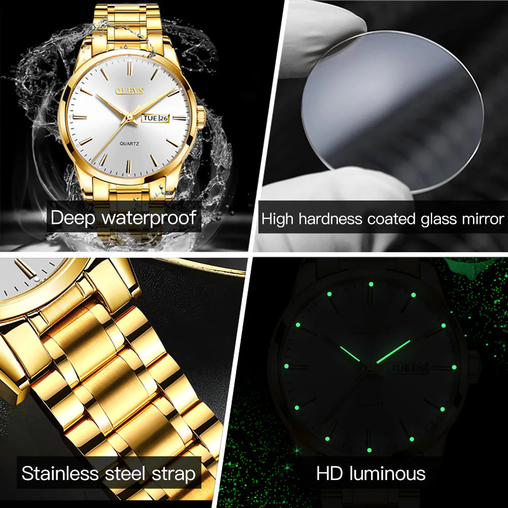 OLEVS Men Watches Waterproof Stainless Steel Quartz Male Wristwatch Men Gold Watch Fashion Luminous Luxury Watches for Men