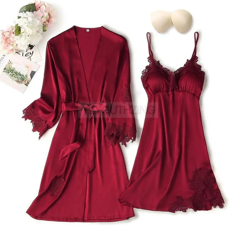 Pajama Set Women Lace Trim Satin Sleepwear Pyjamas Pour Femme Summer Nightwear with Pants Casual Home Wear Kimono Robe Gown PJS